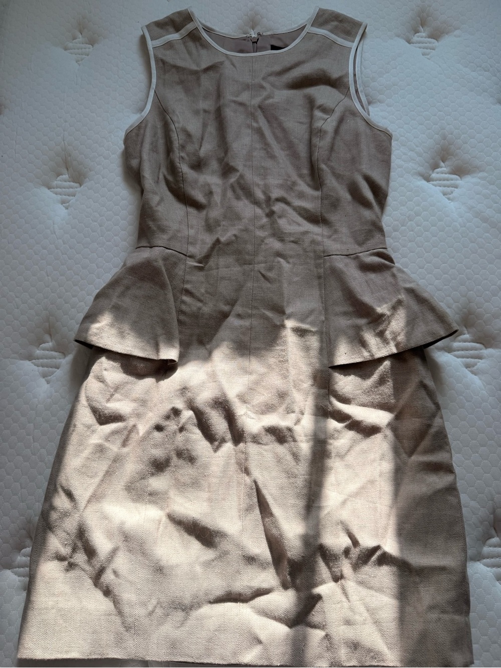J. Crew Taupe Sleeveless Peplum Sheath Dress with White Trim